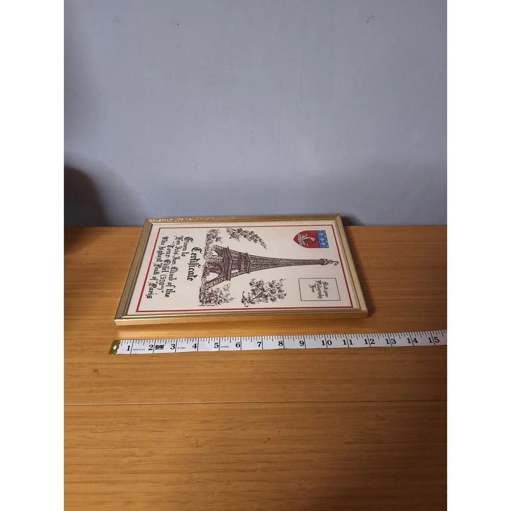 Vintage 8x10 Framed Paris Eiffel Tower Souvenir Certificate.